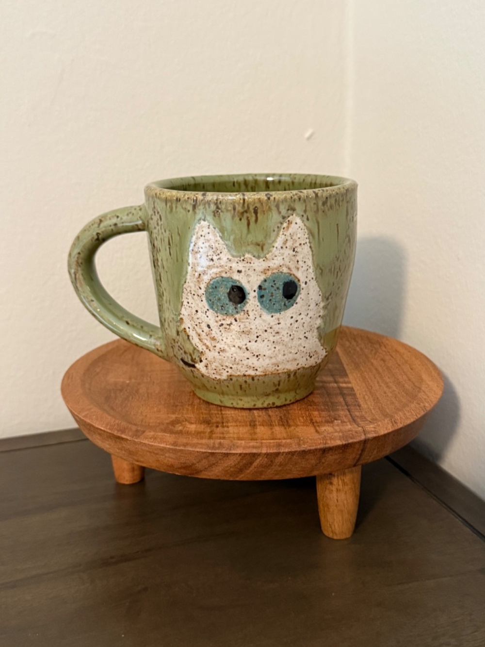 Whimsical Cat Studio Pottery Mug Speckled Green Coffee Cup Artisan Signed